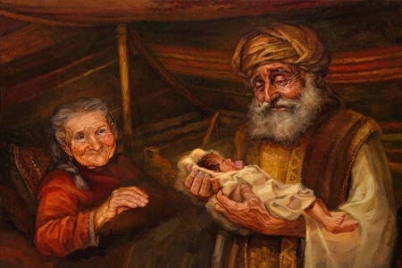 Zacharie et &Eacute;lisabeth tenant Jean-Baptiste, symbole de la promesse.