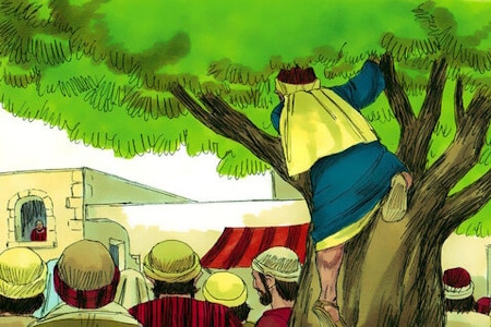 Zachée cherchant Jésus sur un arbre, révélant sa foi.